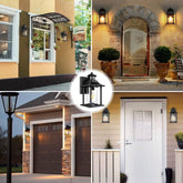 Collage of outdoor lighting fixtures on various home exteriors.